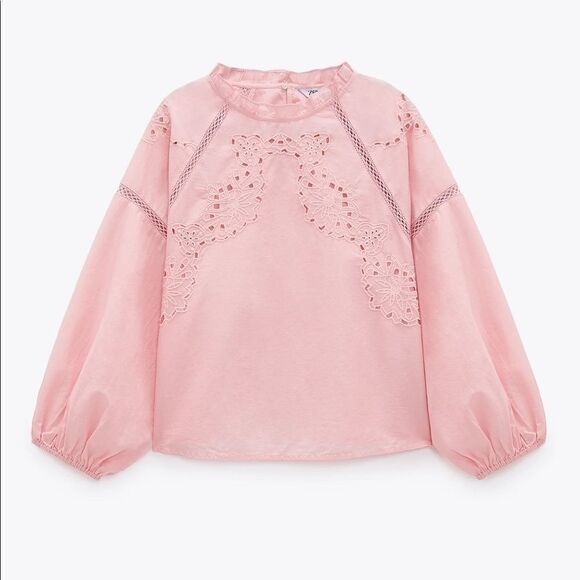 Zara Embroidered Eyelet Blouse New Pink Barbiecore - Picture 4 of 7